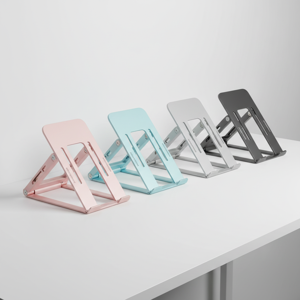 Modulemaster laptop stand in four colors: pink, blue, light grey, and dark grey, sleek foldable design