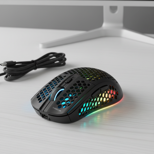 2.4G wireless gaming mouse with RGB backlit lighting, honeycomb design, Type-C rechargeable
